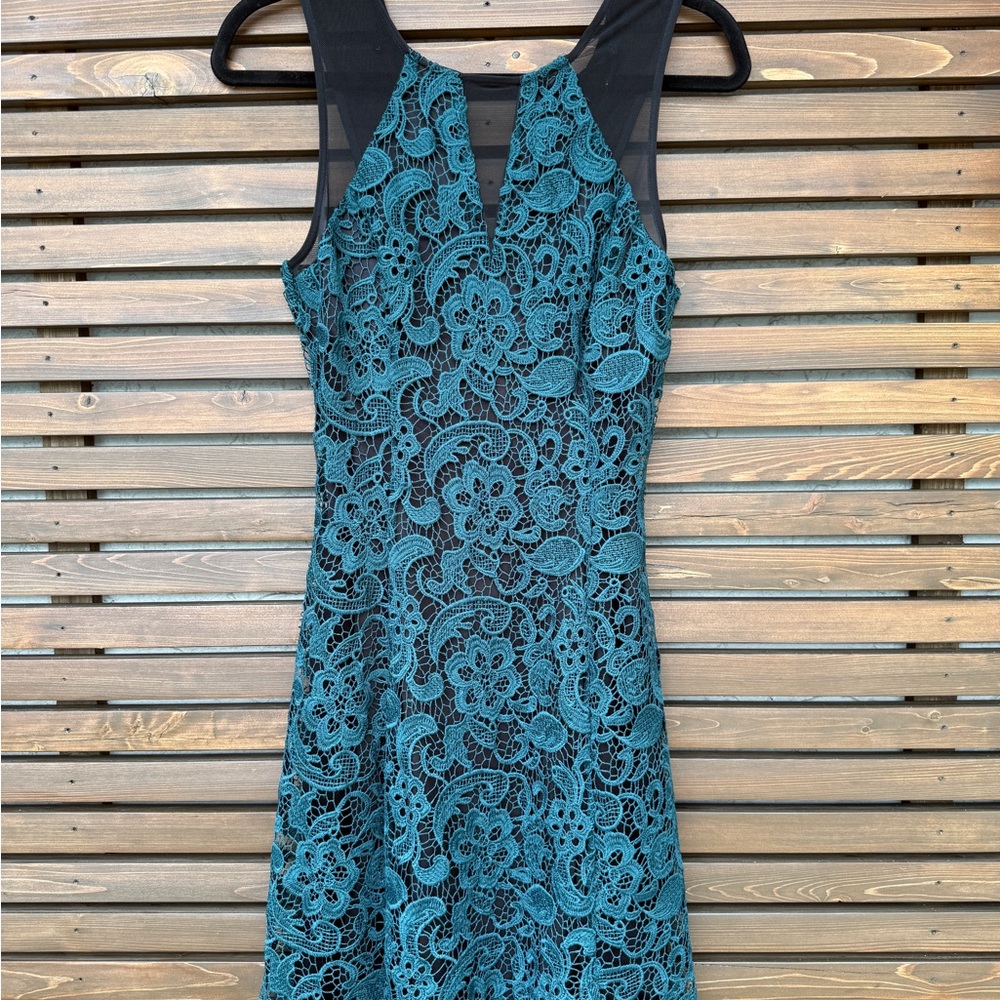 Guess Teal Lace Overlay Sheath Dress with Black Mesh Yoke